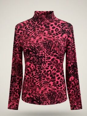 AllSaints Top Womens Size L Red & Black Leopard Animal Print Mock Neck LS